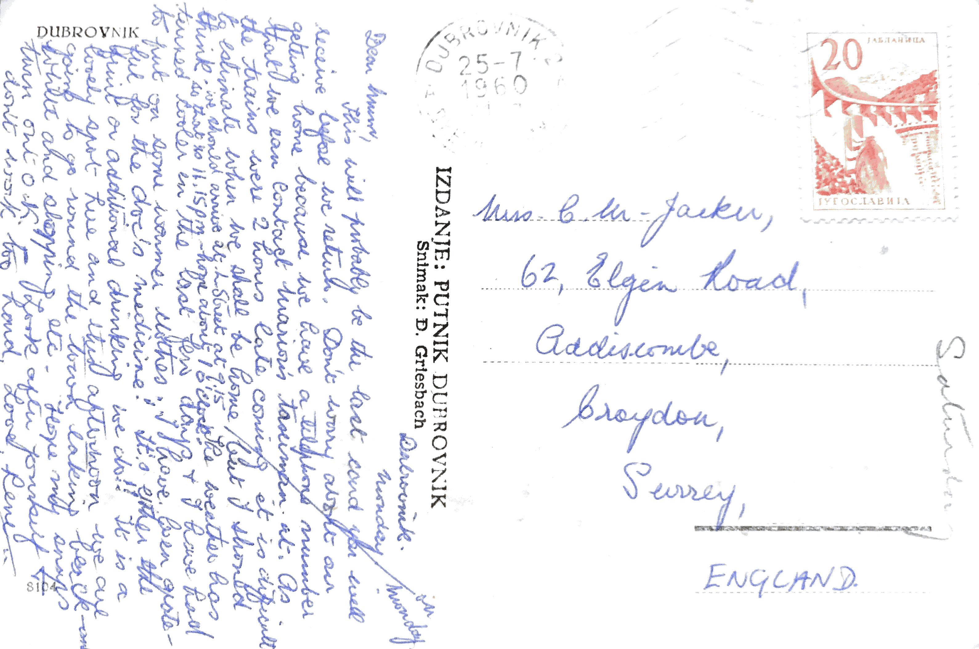Back of vintage postcard: Dubrovnik, Dubrovnik, present day Croatia, 1960