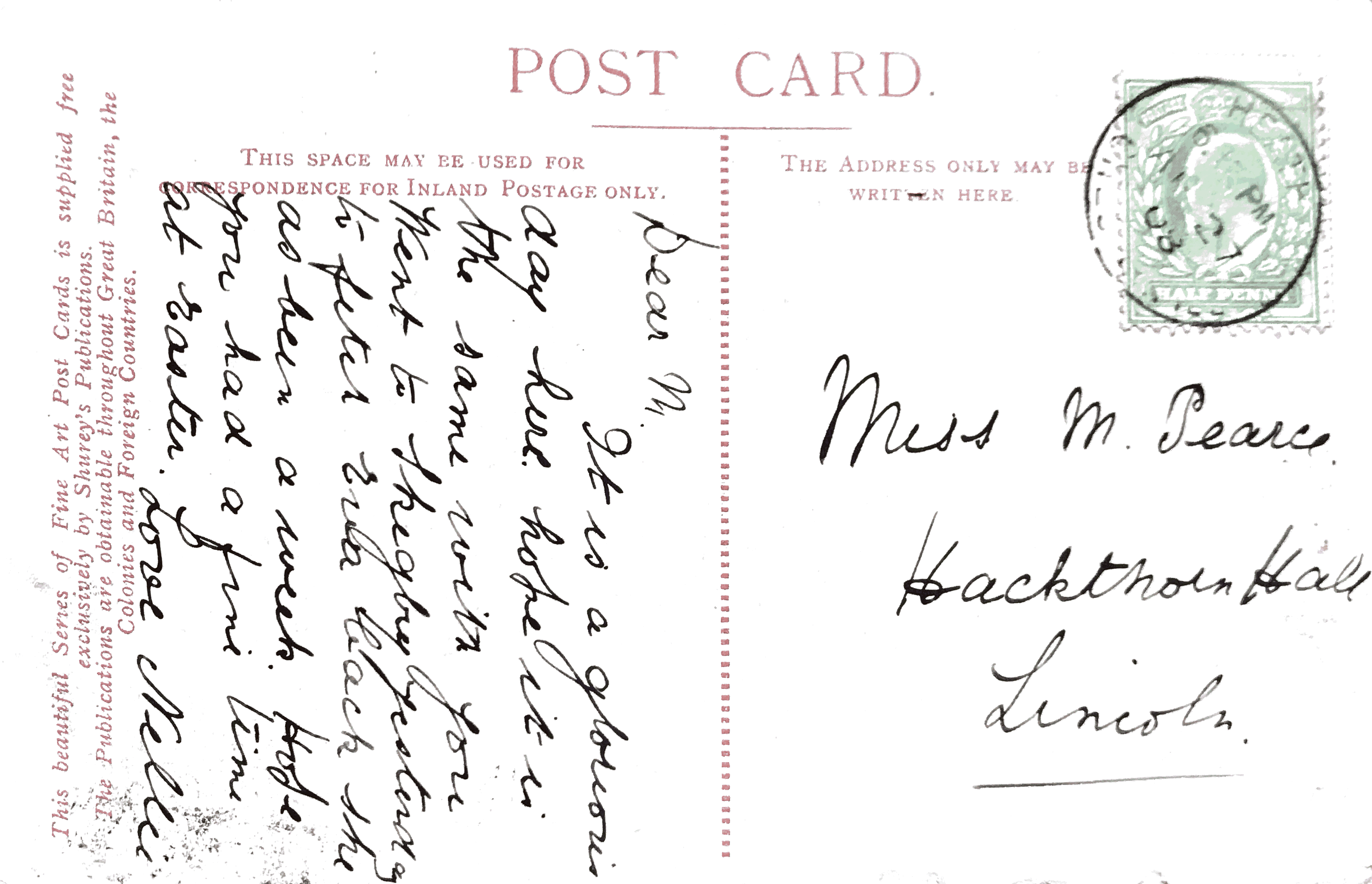 Back of vintage postcard: Rydal Water, Cumbria, UK, 1902