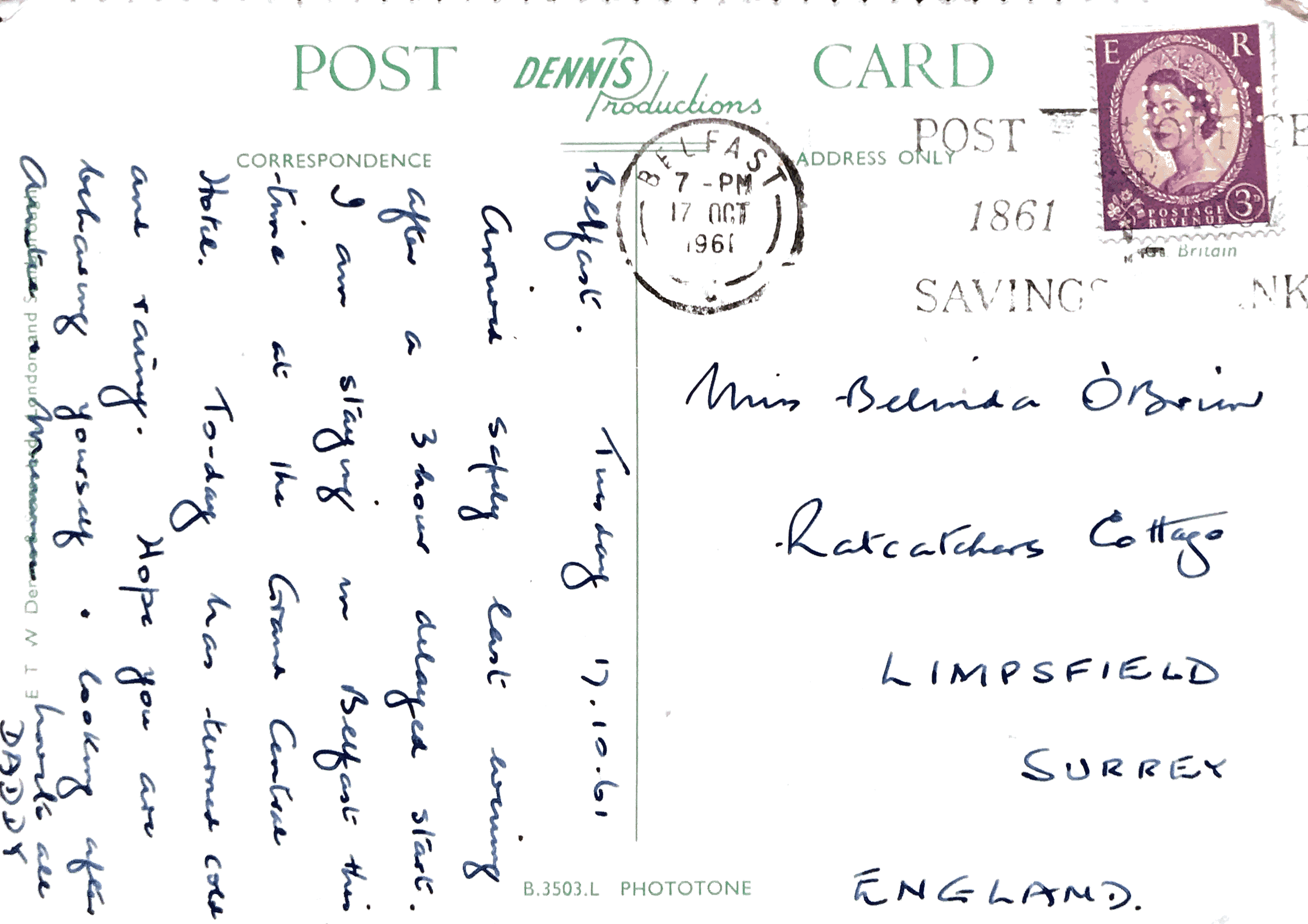 Back of vintage postcard: Belfast, Belfast, UK, 1957