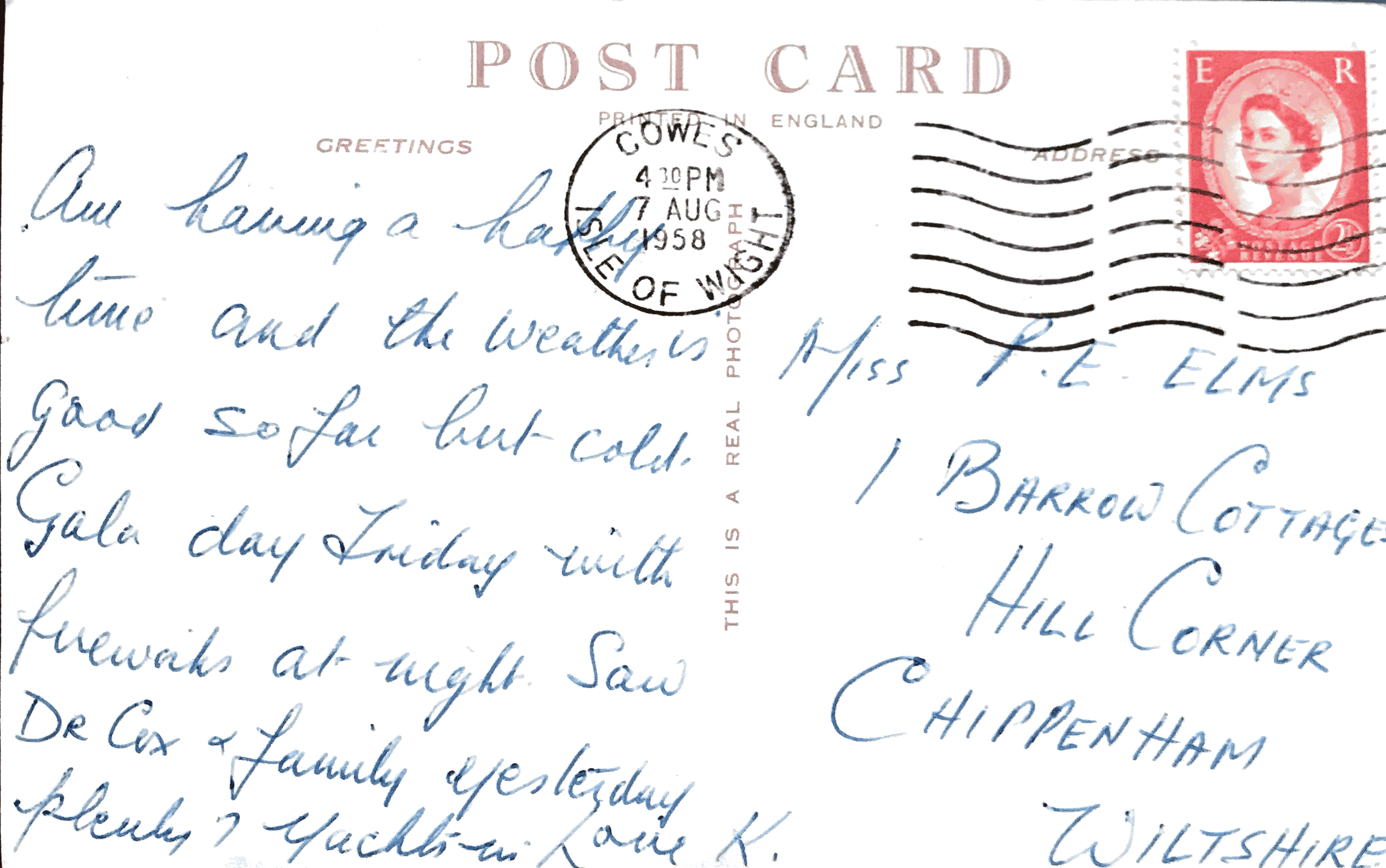 Back of vintage postcard: Shanklin Pier, Isle of Wight, UK, 1958
