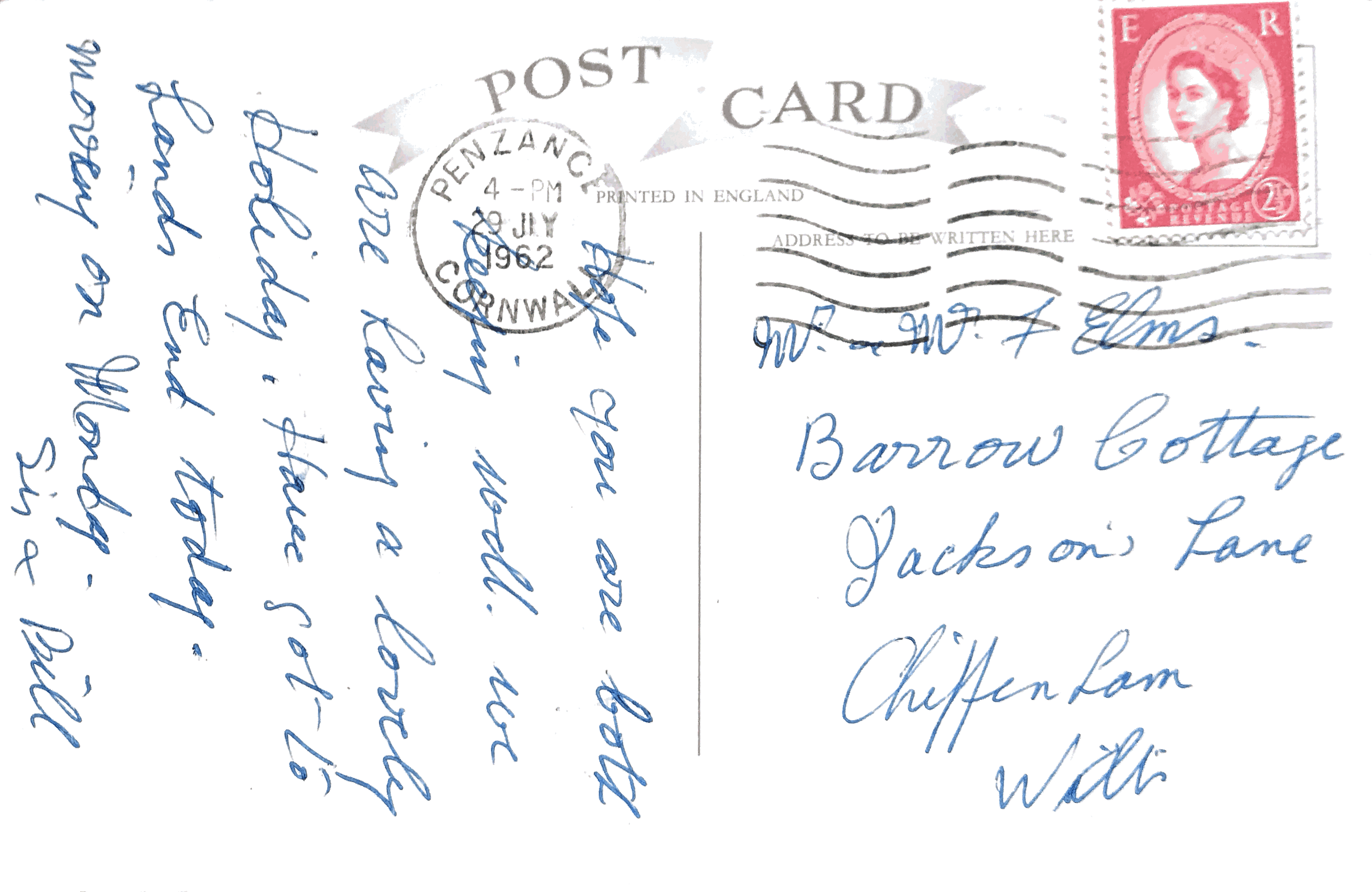Back of vintage postcard: St Michaels Mount, Penzance, UK, 1962
